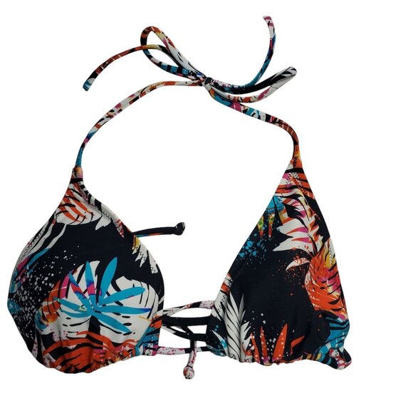 Unbranded Women's Black Neon Tropical Basic Halter Neck String Bikini Top XS‎ - Picture 1 of 3